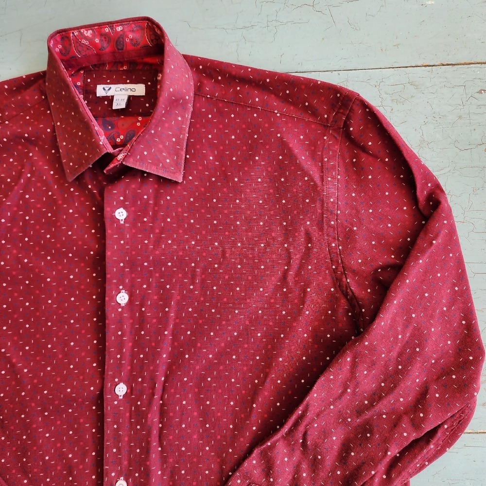 Celino Men's Dress Shirt European Made‎ XL Long Sleeves Button Up Red Paisley